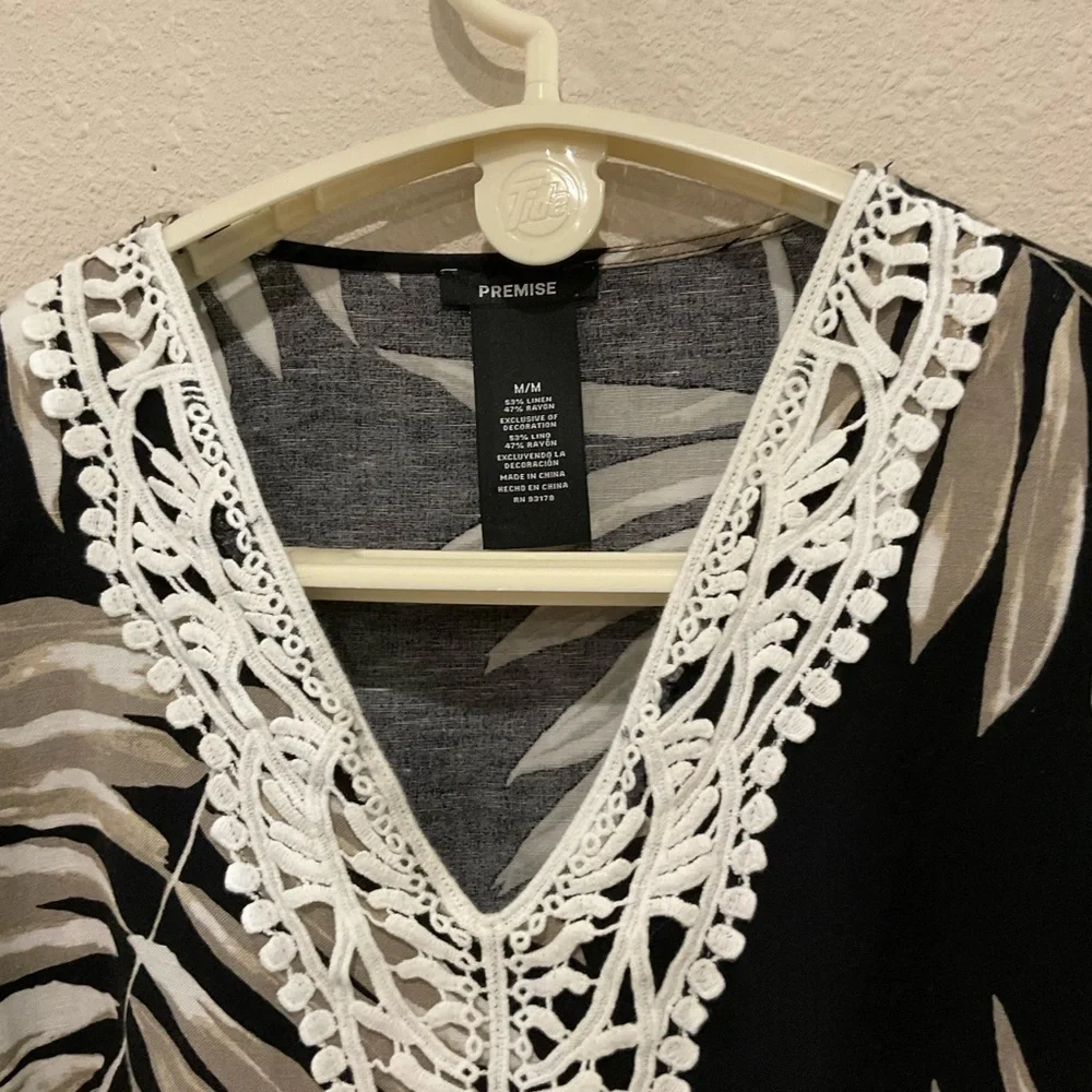Premise Linen Blend Tunic Black/Tan Lace Palm Leaves V-neck Boho Women’s Medium